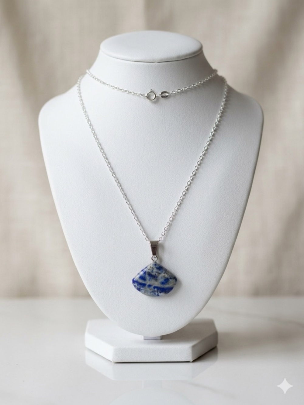 New S925 Sterling Silver Chain Necklace Artisan Blue Lapis Lazuli Fan Pendant - Picture 3 of 12